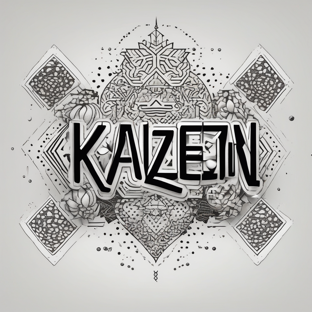Chest tattoo with the word and drawing Kaizen half sleeve tattoo designs for men(AIが生成したドットワークスタイルのタトゥーデザイン)
